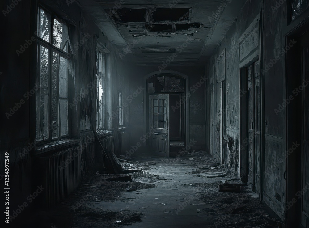 Abandoned Hallway with Dim Light and Dusty Old Walls in Ruins Abandoned Hallway with Dim Light and Dusty Old Walls in Ruins