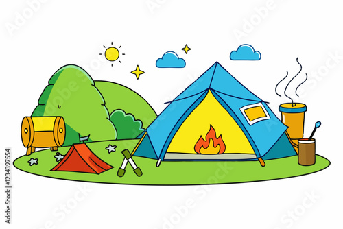 Dome tent, cartoon flat vector illustration isolated on white background. Camping and hiking equipment. Campsite shelter tent. Vector illustration