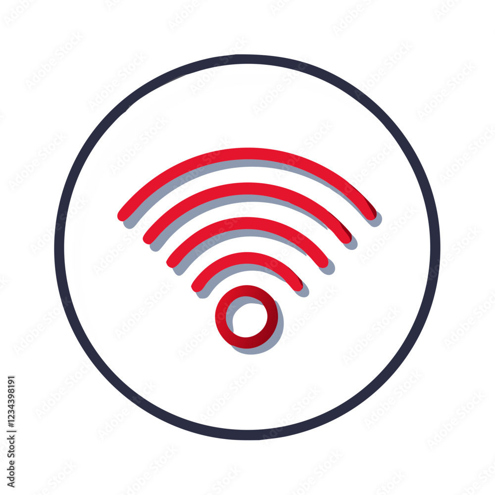 WiFi signal icon in red color inside a circular design on a white background WiFi signal icon in red color inside a circular design on a white background