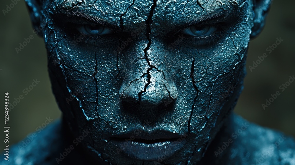 Obraz premium Cracked face, intense stare, dark background, artistic portrait