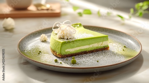 Taste the Unique Flavor of a Matcha Cheesecake Garnished with White Chocolate Curls on a Modern Plate photo