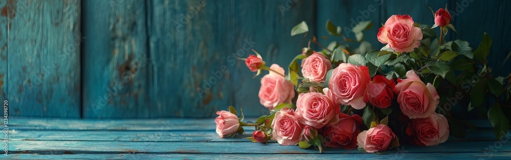 A bouquet of vibrant pink roses on a vintage blue wooden surface, evoking romance and charm. A bouquet of vibrant pink roses on a vintage blue wooden surface, evoking romance and charm.