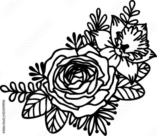 Hand drawing floral line art illustration featuring detailed rose,dafodil,,leaves, and botanical elements. For coloring pages, corner decoration,tattoo designs, laser cutting, and decorative clipart.