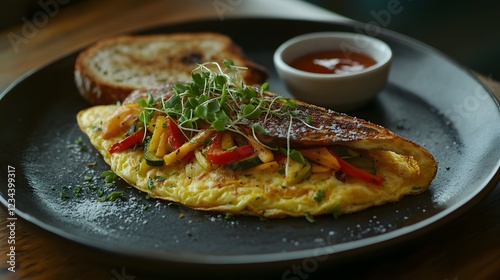 A Colorful and Delicious Omelette Presentation with Fresh Ingredients Perfectly Served for Breakfast photo