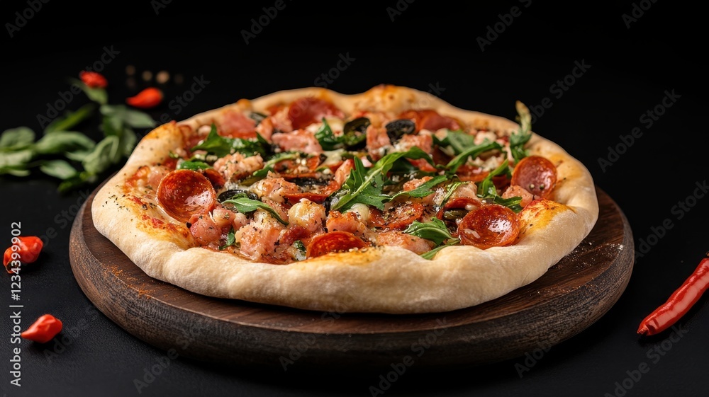 Close-up view of a delicious pepperoni pizza, showcasing its melted cheese and savory toppings in vibrant detail. Close-up view of a delicious pepperoni pizza, showcasing its melted cheese and savory toppings in vibrant detail.