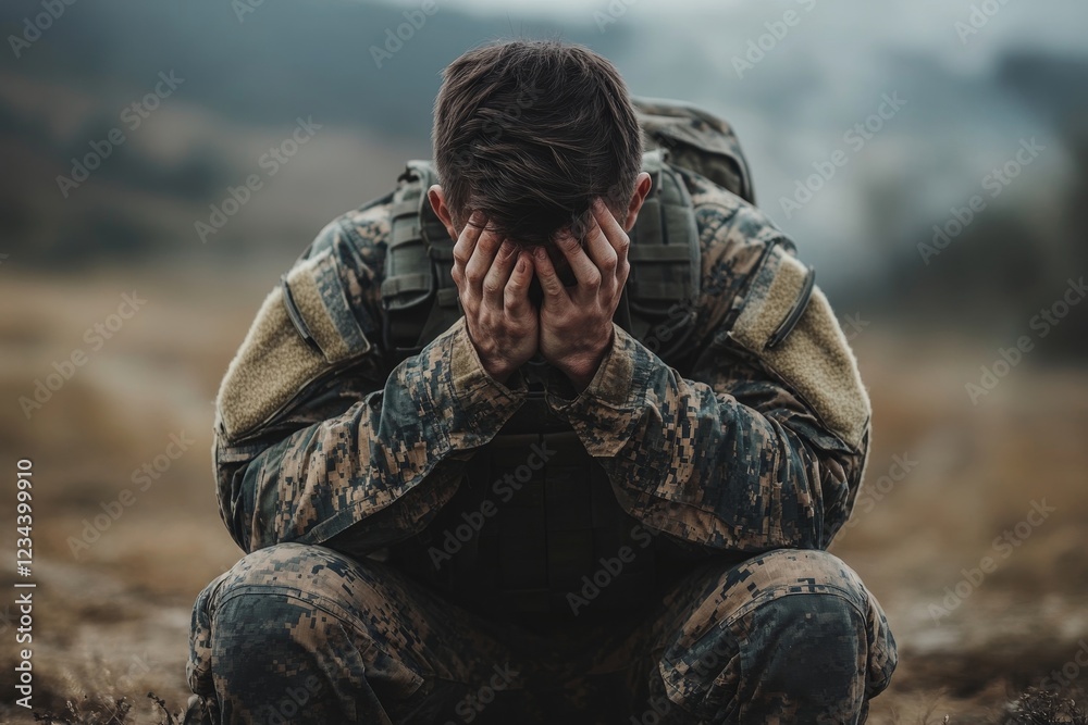 Fototapeta premium PTSD Military Army Soldier With Trauma