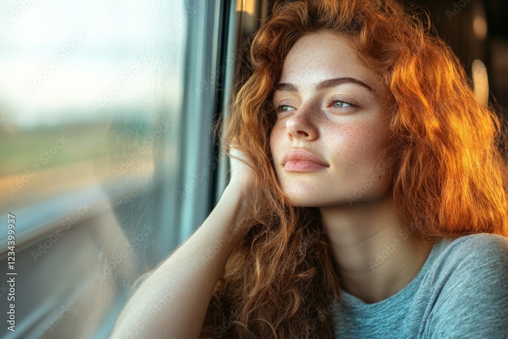 Naklejka premium Young woman gazes out of the train window during a scenic journey on a sunny afternoon