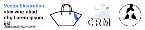 Handbag outline with price tag, CRM system cloud with gears and data, simplistic female profile. Ideal for e-commerce, fashion, technology, retail analysis, CRM platforms, user identity flat landing