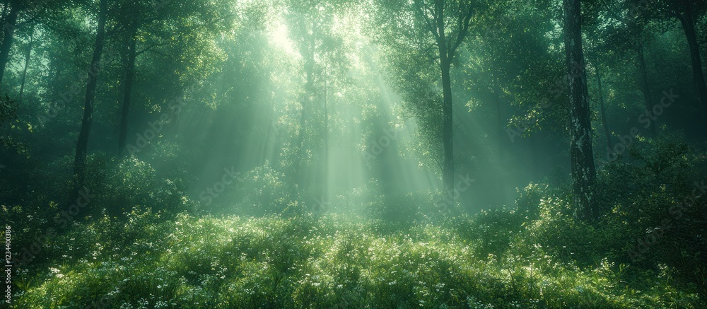 Obraz premium Sunbeams illuminate a misty green forest floor with wildflowers.