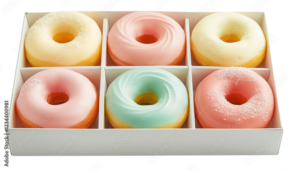 Fototapeta premium A Box of Pastel Donuts With Colorful Frosting, Delicious Glazed Doughnuts, and Sweet Bakery Treats, Perfectly Captured in Food Photography, Isolated on a Transparent Background