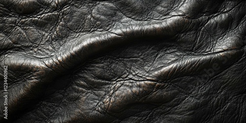 Close-up texture of black leather, showcasing its smooth surface and intricate patterns, perfect for design and fashion projects.