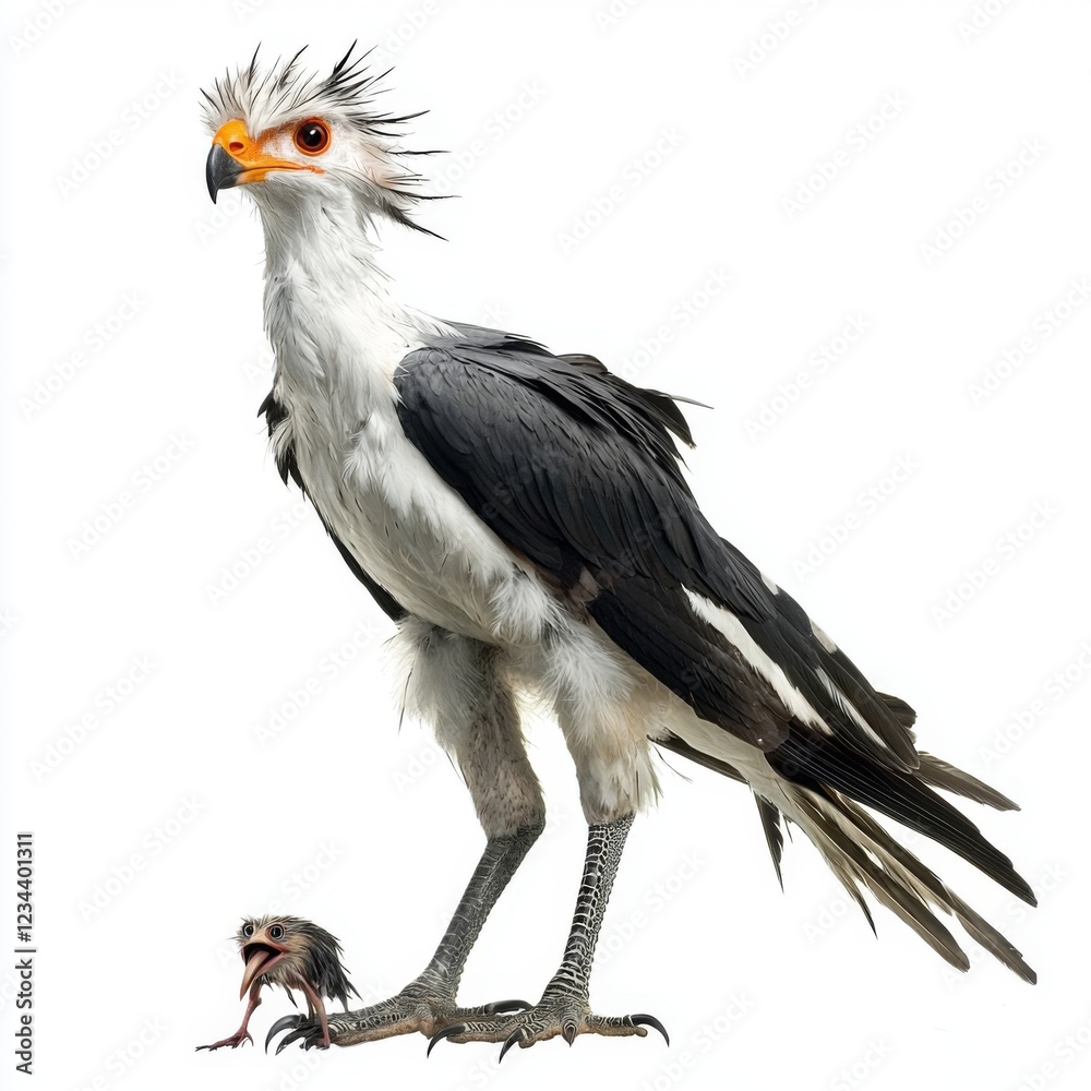 Majestic bird of prey with striking features and unique plumage standing beside a smaller chick in a natural setting Majestic bird of prey with striking features and unique plumage standing beside a smaller chick in a natural setting