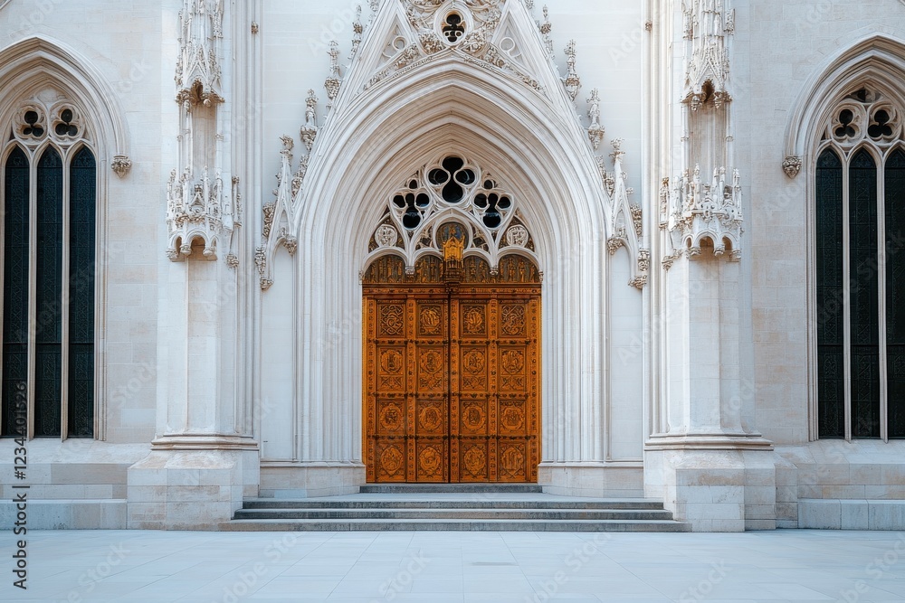 Obraz premium Majestic Gothic Cathedral Soaring Against a Clear Blue Sky, Showcasing Intricate Architecture and Timeless Beauty