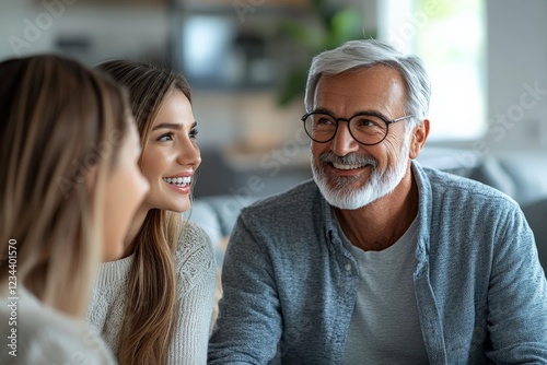 Family gathering with laughter and conversation in a cozy living room setting