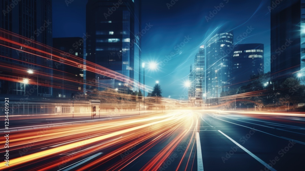 Light trails on the modern building background. Light trails at night in urban environment, Abstract Motion Blur City, traffic, transportation, street, road, speed Light trails on the modern building background. Light trails at night in urban environment, Abstract Motion Blur City, traffic, transportation, street, road, speed