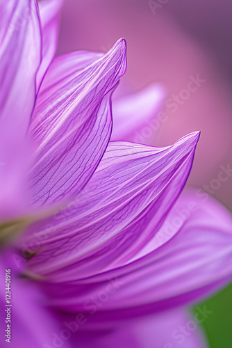A macro shot of purple dahlia flower petal, focusing on its delicate texture and vibrant purple color. The background is soft with gentle lighting to highlight the flower's intricate details.
