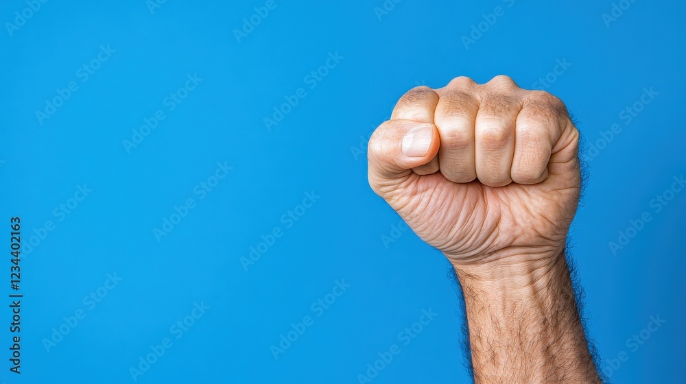 A close-up of a clenched fist against a bright blue background, symbolizing strength, determination, or protest. A close-up of a clenched fist against a bright blue background, symbolizing strength, determination, or protest.