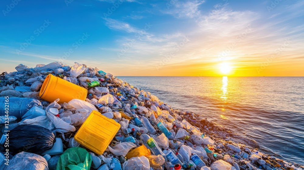 A striking image of litter and waste on a beach at sunset, highlighting the urgent need for environmental action. A striking image of litter and waste on a beach at sunset, highlighting the urgent need for environmental action.