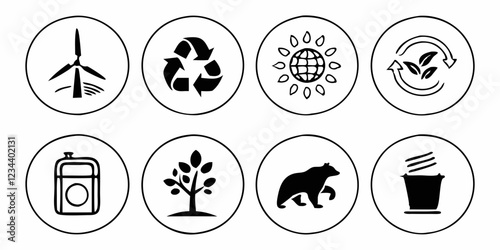 Environment Thin Line Icon Set. Containing eco-friendly practices, renewable energy, waste management, green technology, tree planting, wildlife conservation, climate action, sustainability, nature pr