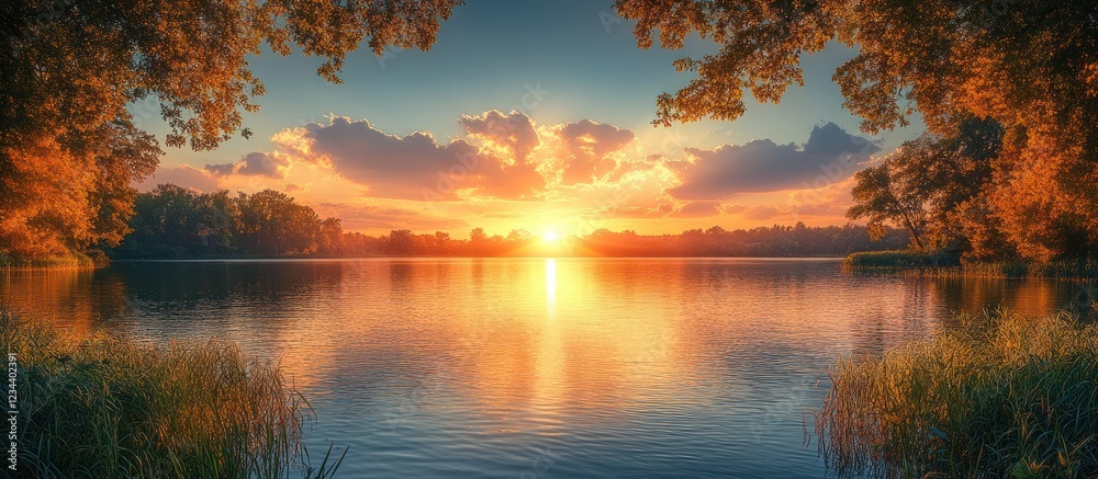 Scenic sunset over calm lake framed by autumn trees. Scenic sunset over calm lake framed by autumn trees.
