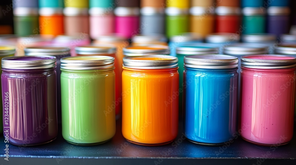 Vibrant Display of Colorful Jars in a Row Capturing Artistic Essence and Playful Atmosphere of Joy Vibrant Display of Colorful Jars in a Row Capturing Artistic Essence and Playful Atmosphere of Joy