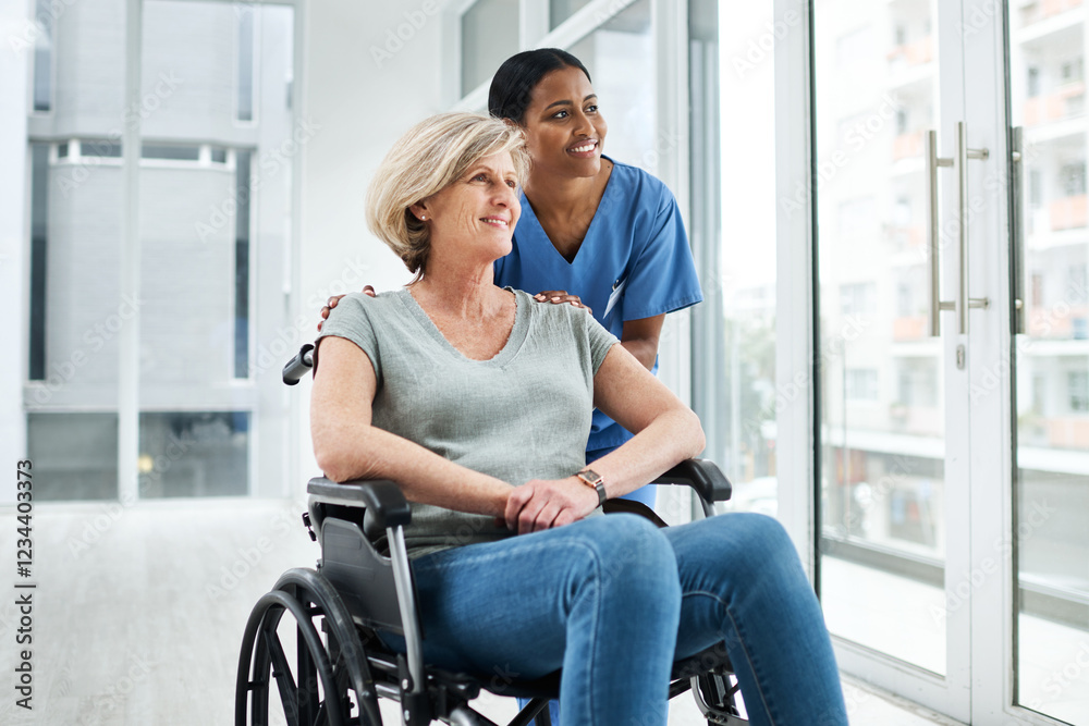 Thinking, caregiver and elderly woman in wheelchair of rehabilitation, healthcare and injury recovery. Volunteer, mobility and person with disability in healing progress, medical service and support Thinking, caregiver and elderly woman in wheelchair of rehabilitation, healthcare and injury recovery. Volunteer, mobility and person with disability in healing progress, medical service and support