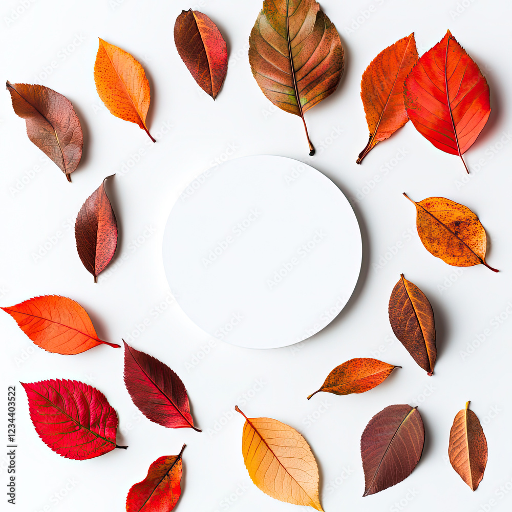 Obraz premium Autumn-Themed Circular Frame with Colorful Fall Leaves on White Background