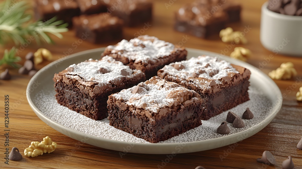 Delicious Fudgy Brownies on a Rustic Table, Perfectly Baked with a Dash of Power and Crunchy Walnuts Delicious Fudgy Brownies on a Rustic Table, Perfectly Baked with a Dash of Power and Crunchy Walnuts