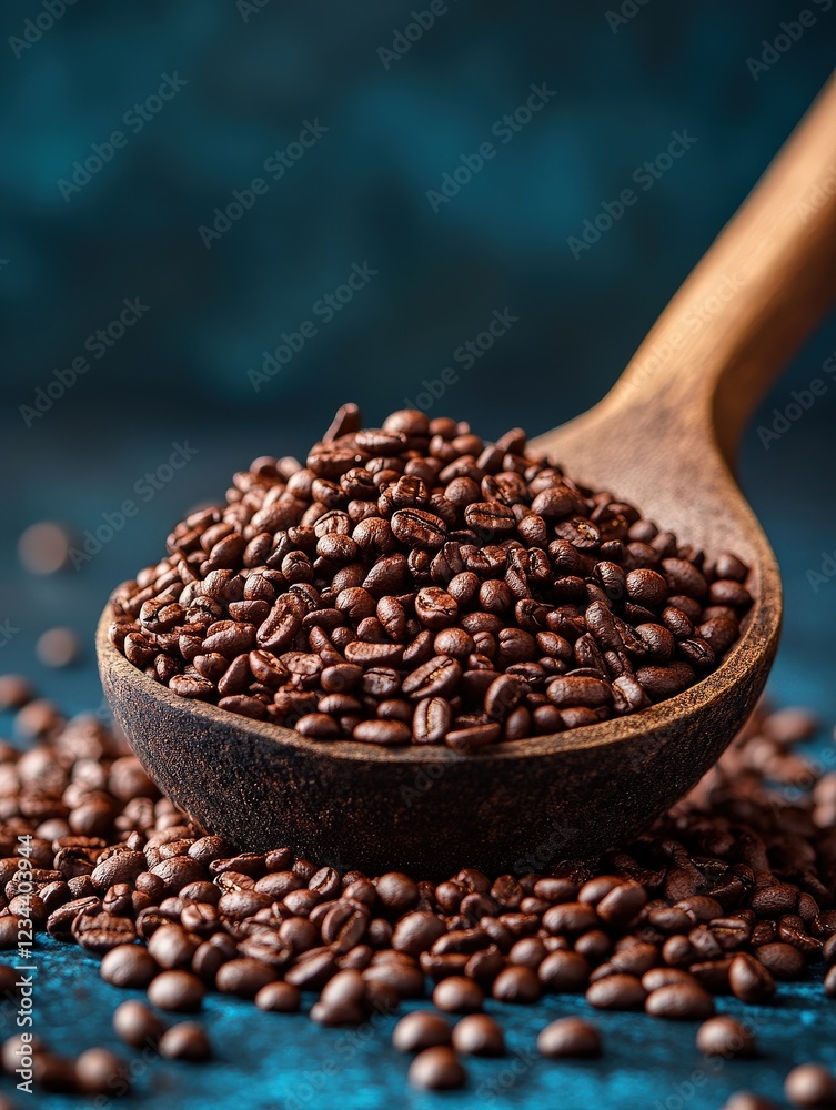 Obraz premium Close-up of roasted coffee beans in a wooden spoon, showcasing rich texture and color against a dark blue background.