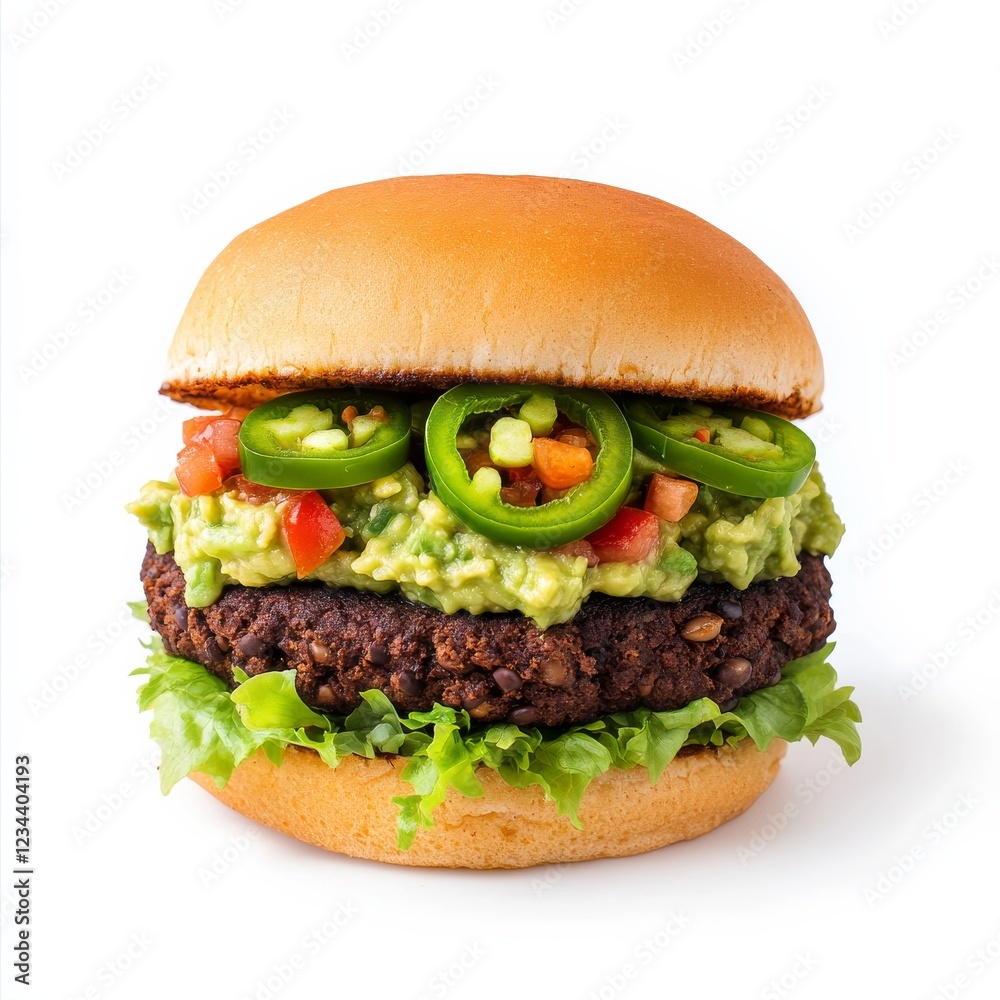 A spicy black bean burger with guacamole, lettuce, and jalape甯給 slices A spicy black bean burger with guacamole, lettuce, and jalape甯給 slices