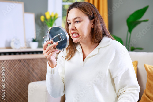 Young woman looking at her teeth in the mirror