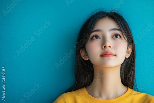 young asian woman look up considering think and doubt why