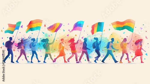 Flat design captures a joyful Pride parade with dancing, flags, and inclusivity photo