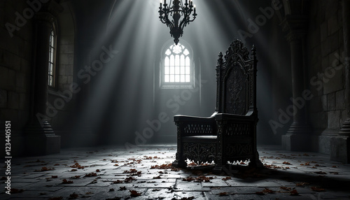 Dark Throne in Gothic Hall Sunlit Window
