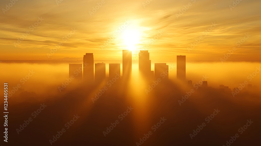 Golden Sunrise Over Foggy City Skyline Golden Sunrise Over Foggy City Skyline