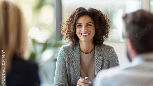 Federal Reserve Interest Rate Cut Themed, Professional woman smiling during meeting, engaging with clients