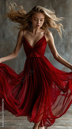 A Beautiful Girl In Red Dress With Blurry Background
