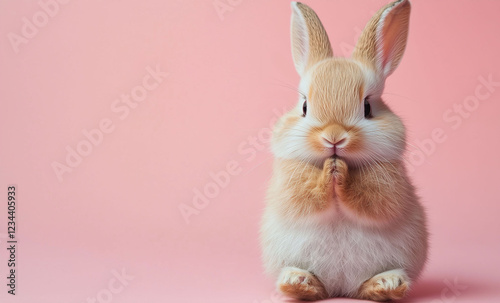 Easter concept: A miniature cute Easter bunny rabbit praying with clasped hands, capturing the essence of Easter with a bright, warm spring pink color palette.