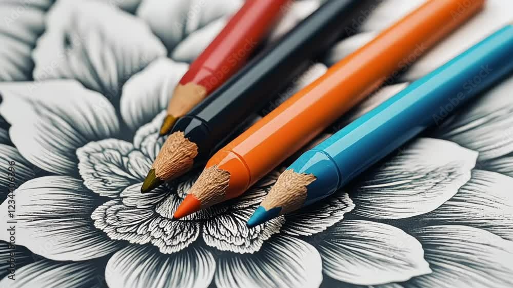 Several sharpened colored pencils pointing at a partially colored mandala design in an adult coloring book