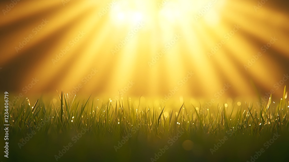 Fototapeta premium Golden Sunrise Rays on Dewy Grass