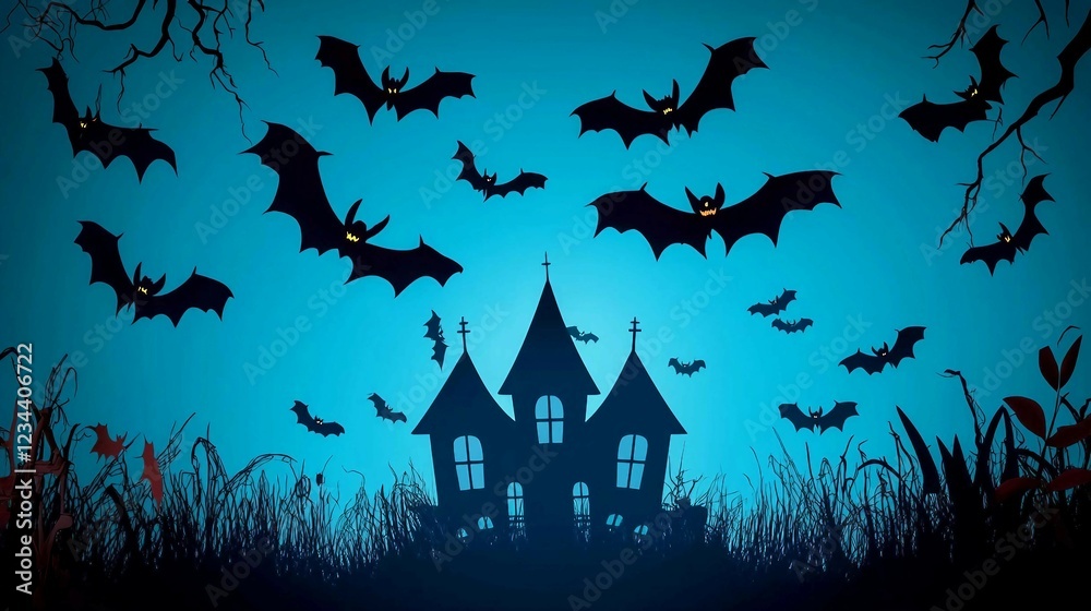 Spooky Halloween Scene with Bats and Haunted House Silhouette Spooky Halloween Scene with Bats and Haunted House Silhouette