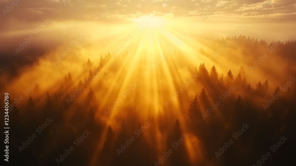 Obraz premium Golden Sunrise Rays over Misty Forest