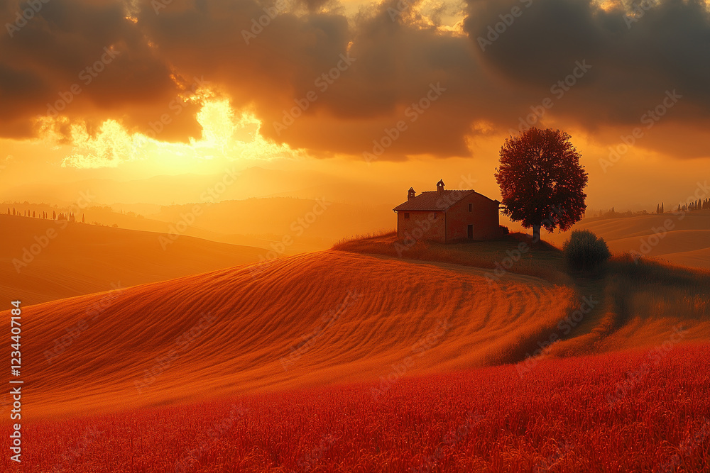 a large field with red flowers on a hill stands a small house the sun is shining through the clouds sunset a large field with red flowers on a hill stands a small house the sun is shining through the clouds sunset