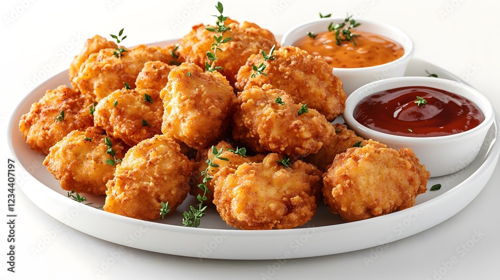 Exquisite Presentation of Delicious Chicken Nuggets with Dipping Sauces and Garnishes Exquisite Presentation of Delicious Chicken Nuggets with Dipping Sauces and Garnishes