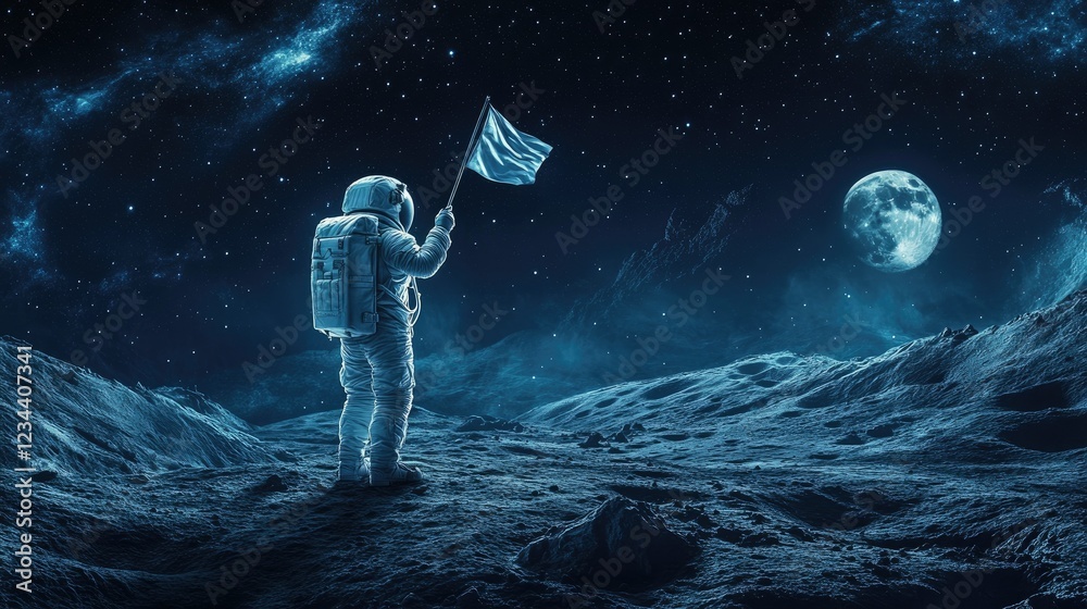 Obraz premium A lone astronaut holds a waving flag on a surreal Moon surface, distant stars glowing.