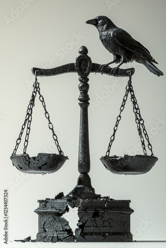 Crow perched on a damaged black scale of justice.