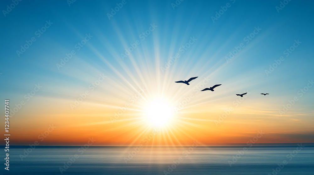 Fototapeta premium Beautiful sunset with rays of sunlight spreading across the sky, birds flying over the calm ocean, symbolizing freedom, hope, and the serenity of nature at twilight.