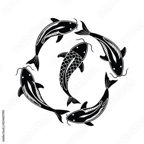 Circular fish pattern with koi fish swimming in a ring, black and white vector design for logo and illustration