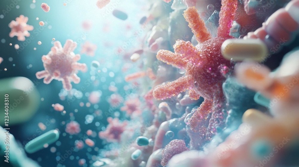 Microscopic view of viruses and medication. Microscopic view of viruses and medication.