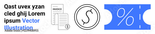 Invoice document, dollar symbol enclosed in a circle, percentage discount ticket, and placeholder text. Ideal for finance, e-commerce, sales, marketing, budgeting transactions and communication